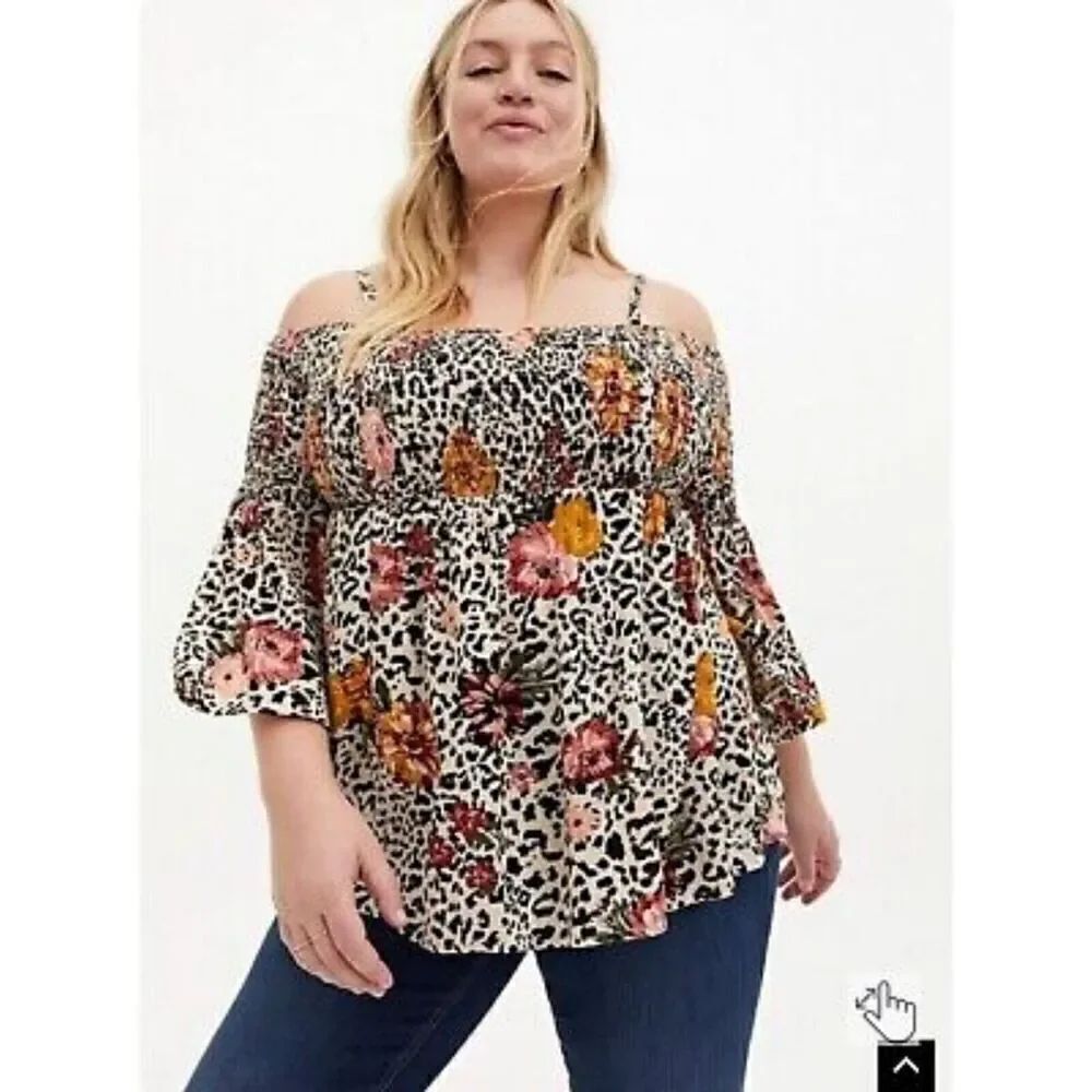 Torrid Leopard Floral Babydoll Crinkle Gauze Smocked Cold Shoulder Top Plus 3 3X